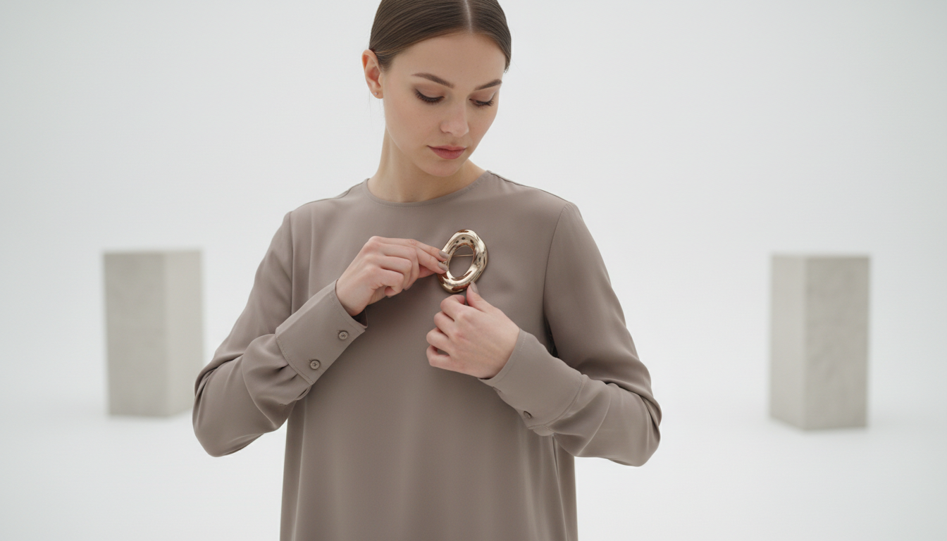 Large modern gold brooch pinned on a woman's beige blouse, against a blurred white background
